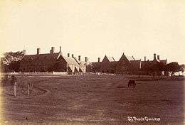 Early 20th century photo of college buildings, with horse grazing in pasture in foreground