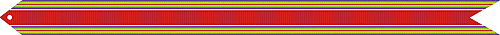 A red streamer with horizontal rainbow stripes along the top and bottom