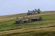 View of ruined houses on a sloping green field, with sheep grazing in the background