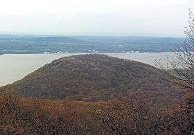 A rounded mountain with brown, mostly bare trees covering most of it, seen from slightly higher than its summit some distance away. A large body of water is behind it.