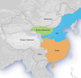 Map of China in 1141 with the Jin dynasty controlling the north and the Southern Song dynasty controlling the south