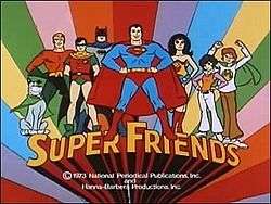 Frame taken from the title sequence of Super Friends with the show's title at the bottom of the screen. This acts as a shelf on which the characters from the show are standing. From left to right the characters are: Wonder Dog, Aquaman, Robin, Batman, Superman, Wonder Woman, Wendy, and Marvin.