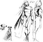 Drawings of a woman and a caped Dalmatian