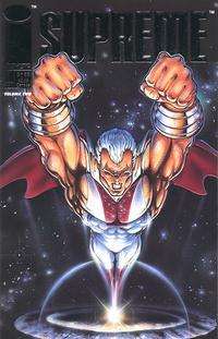 Comic-book cover, with Supreme emerging into the air with fists clenched