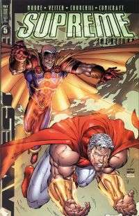 Comic-book cover of muscular, caped superhero overcoming an enemy