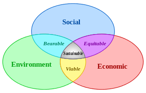 Three intersecting circles representing economy, society and environment showing how sustainability involves cooperation at the point where they all intersect.
