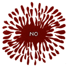 A dark red splatter with the word "NO" written in white on a white background