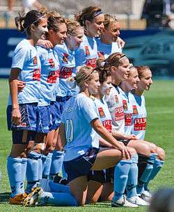 A group of women, wearing sky blue football kits, in two rows.