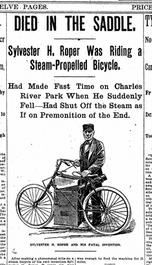 Line drawing of a man standing next to a bicycle with a steam engine
