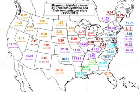 Map showing the highest rainfall totals measured in certain regions.