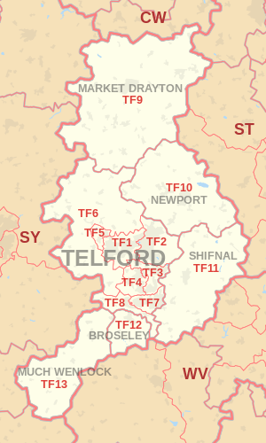 TF postcode area map, showing postcode districts, post towns and neighbouring postcode areas.