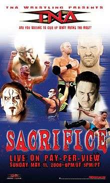 A poster with a red logo saying Sacrifice. Poster also features three white and one Samoan adult males posing in several different manners.