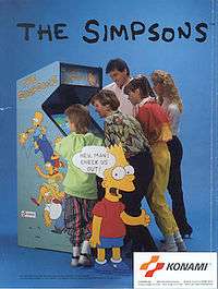 The five Simpson family members, standing on the top of each other's heads admist a light green backdrop. Two clouds are seen in the background, one in which family member, Maggie, is standing on. The words "The Simpsons" and "Arcade Game" are positioned at the top of the screen, in yellow and pink writing, respectively. "Konami" is written at the bottom.
