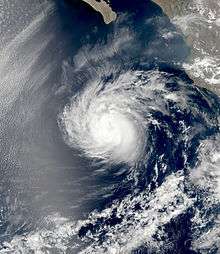 Image of a tropical storm over the Pacific Ocean. Mexico is visible on the top-right hand corner of the image.