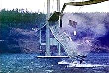 Tacoma Narrows Bridge collapsing, captured in 16 mm Kodachrome motion picture film. The view looks west