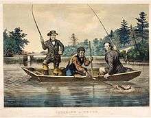 Old colored print of three men fishing from a boat