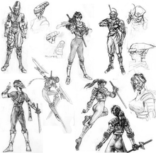 Eight black and white pencil drawings of a young woman in fighting costumes and poses.