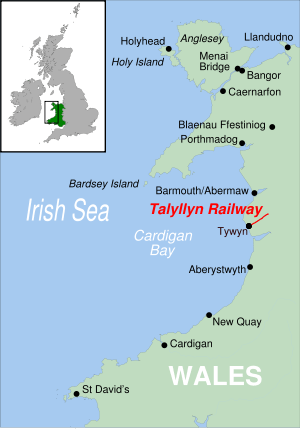 The Talyllyn Railway starts from Tywyn, on the coast of Cardigan Bay which forms a large part of the western coast of Wales. The nearest large towns are Barmouth/Abermaw to the north and Aberystwyth to the south. The railway runs inland in an approximately north-easterly direction.