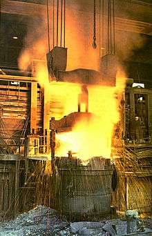 Open furnace in use, with sparks flying