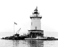 A black-and-white photograph of the lighthouse shore with a boat docked in front and people walking on the dock. The western shore of the Hudson is visible in the background