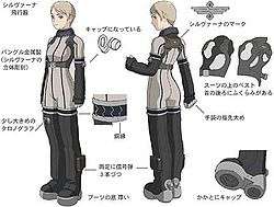 Drawings of a short-haired woman and her costume elements that resemble a modern flight gear. There are angled frontal and rear views of the woman with captions pointing out parts of her gear.
