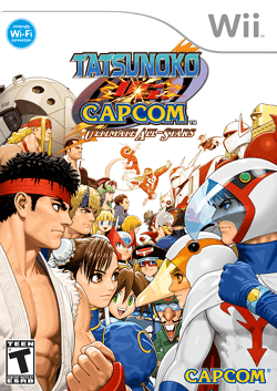 Image of Capcom and Tatsunoko characters gathered on the left and right-side respectively. They face each other amidst a white background.