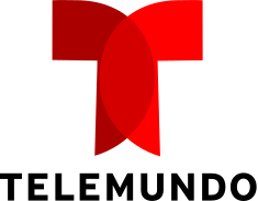 A large red "T" with two semi-circles forming the T, in which one is a lighter shade. Under the T, the word "Telemundo" is stated in all caps.