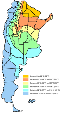 Map showing mean temperatures in Argentina. Mean annual temperatures range from more than 22 °C (71.6 °F) in the center north to between 4 °C (39.2 °F) in the south and extreme western parts of the country. Temperatures generally decrease southwards and westwards owing to a higher latitude and altitude.