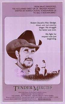 A movie poster with a large picture of a bearded man wearing a cowboy hat, suspended in the background of a photo of a much smaller scaled woman and young boy talking in a field. A tagline beside the man reads "Robert Duvall is Mac Sledge, down and out country singer. His struggle for fame was over. His fight for respect was just beginning." At the bottom, the words "Tender Mercies" appear, along with much smaller credits text. The top of the poster includes additional promotional text.