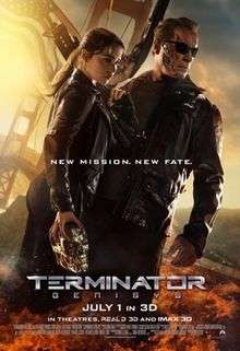 Film poster of Arnold Schwarzenegger and Emilia Clarke, both dressed in black leather as their characters T-800 Terminator and Sarah Connor respectively. Its background is San Francisco Bay Area.