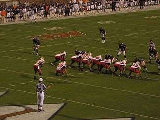An overhead shot of the Maryland–Virginia game shortly before the snap. Maryland is on offense and is lined up in an I-formation.