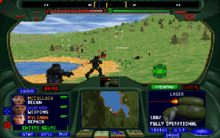 A first-person view of a grassy area, which is surrounded by rising, tree-covered hills. Two squadmates in powered exoskeletons run in front of the camera, firing at a pair of enemies in the distance. A body of water is visible to left of the screen, and a hill to the right rises above the character's view. The sky—blue, with thin white clouds—is visible above the hills. A large visor obscures most of the screen; it depicts detailed tactical information and readouts of the protagonist's status.