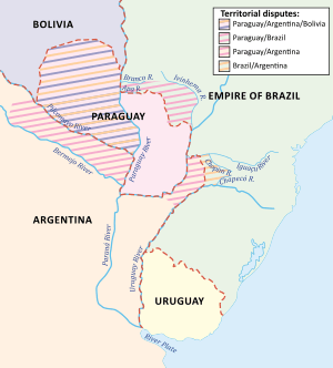 A map showing Uruguay and Paraguay in the center with Bolivia and Brazil to the north and Argentina to the south; cross-hatching indicates that the western half of Paraguay was claimed by Bolivia, the northern reaches of Argentina were disputed by Paraguay, and areas of southern Brazil were claimed by both Argentina and Paraguay
