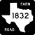 Image of FM 1832 highway shield. The square shield has a white symbol in the shape of Texas as the state appears on maps on a black background. Inside this symbol is the number 1832. The black background contains the word FARM in the upper right corner and the word ROAD in the lower left corner.