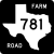 Image of FM 781 highway shield. The square shield has a white symbol in the shape of Texas as the state appears on maps on a black background. Inside this symbol is the number 781. The black background contains the word FARM in the upper right corner and the word ROAD in the lower left corner.