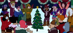 The cast of Futurama and a crowd stand around a newly-planted and revived species of pine tree, decorated like a Christmas tree, with ornaments, garlands, and a star on top.