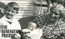 A black-and-white photograph of a family with the words 'The Generations Project' above