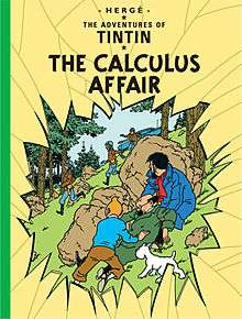 Tintin, Snowy, Haddock, and an unconscious Calculus hide behind boulders in a forest while armed soldiers run by, searching for them. We are viewing the scene through a nearly shattered piece of glass.
