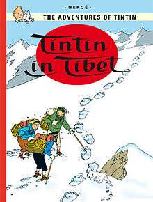 Tintin, Snowy, Haddock, and Tharkey are hiking up a snowy mountainside, one of whom points out large animal tracks in the snow.