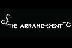 Black square with the words "The Arrangement" in white lettering with floral patterns coming out of the first letter of "the" and last letter of "arrangement"