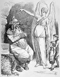 1891 engraving of Father Christmas being awoken by a figure representing Charity
