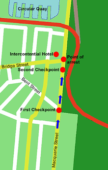 A map of Sydney showing the route taken by the motorcade. They travelled up Macquarie Street, through the first checkpoint at the Bent Street intersection, and a second checkpoint just before being stopped at the Bridge Street intersection and being detained outside the InterContinental Hotel.