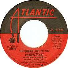The cover of a 45 R.P.M. single published by Atlantic Records. The song is "The Closer I Get to You" by Roberta Flack with Donny Hathaway
