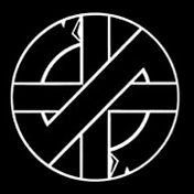 Black-and-white cross and diagonal line inside a circle