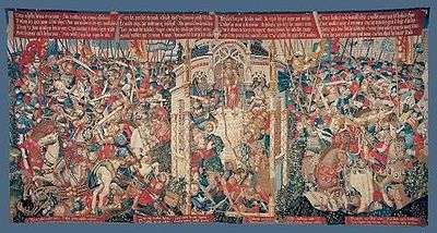 A very busy picture where many figures are shown dressed in late medieval style. In the centre is the temple where Achilles is being ambushed. On either sides are the battles where Troilus and Paris are killed. Scrolls of text are visible above and below the picture, though what is written is not clear.