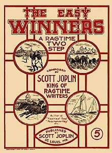 Front cover of the Easy Winners sheet music shows four line drawings of American sport - Baseball, Horseracing, American football, and yacht racing. The title is shown at the top of the page in large black lettering