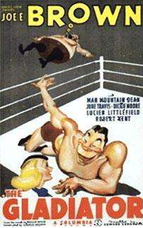 Cartoon figure of a muscular man wearing boxing trunks, lying on the floor of a boxing ring and flinging another man over the ropes.