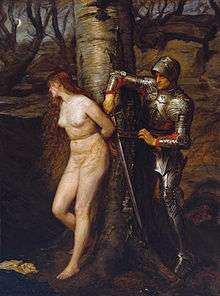 Dishevelled and distressed naked woman tied to a tree, being cut free by a man in armour
