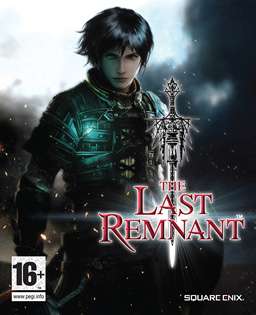 A young man in light armor with medium-length black hair looks at the viewer. Black storm clouds are behind him, and embers are seemingly blown towards the left in front of him. The logo with the words "The Last Remnant" centered above each other on three lines is in the lower right, with an ornate sword pierced through them.