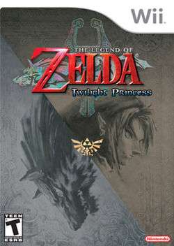 The text "Wii" is in the top-right corner. The game's title is in the center-top. A line runs diagonally through the image; in one section, a man's face is shown. In the other, there is the head of a wolf.